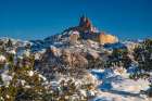 USA, New Mexico, Gallup, Red Rock Park. Church Rock in winter sunrise. Art Print